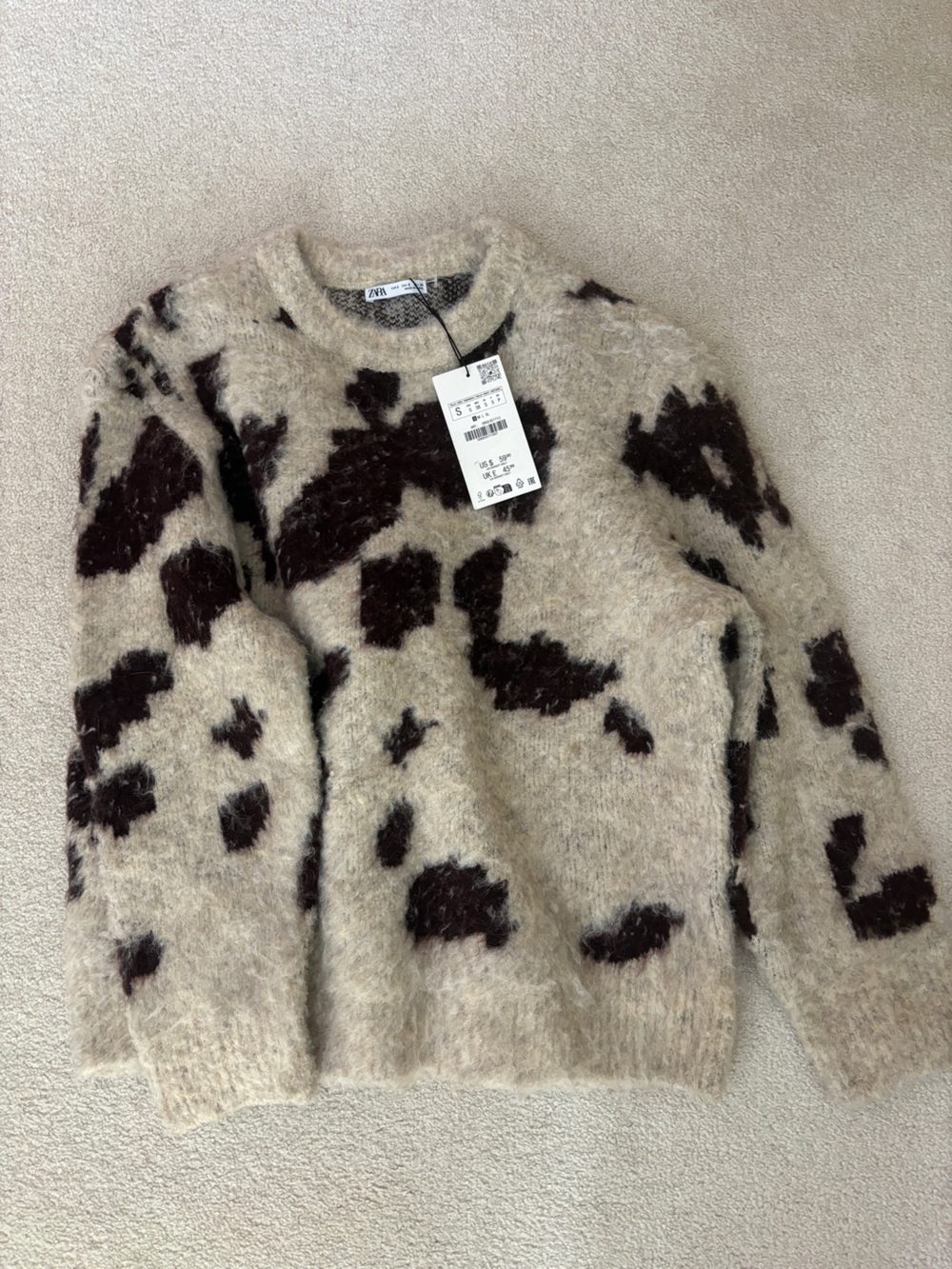 NWT ZARA Beige Crewneck Sweater with Brown Spot/cowhide Pattern